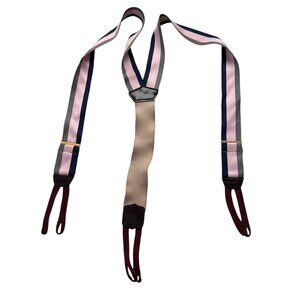 Torino suspenders gray pink navy blue stripes brown leather